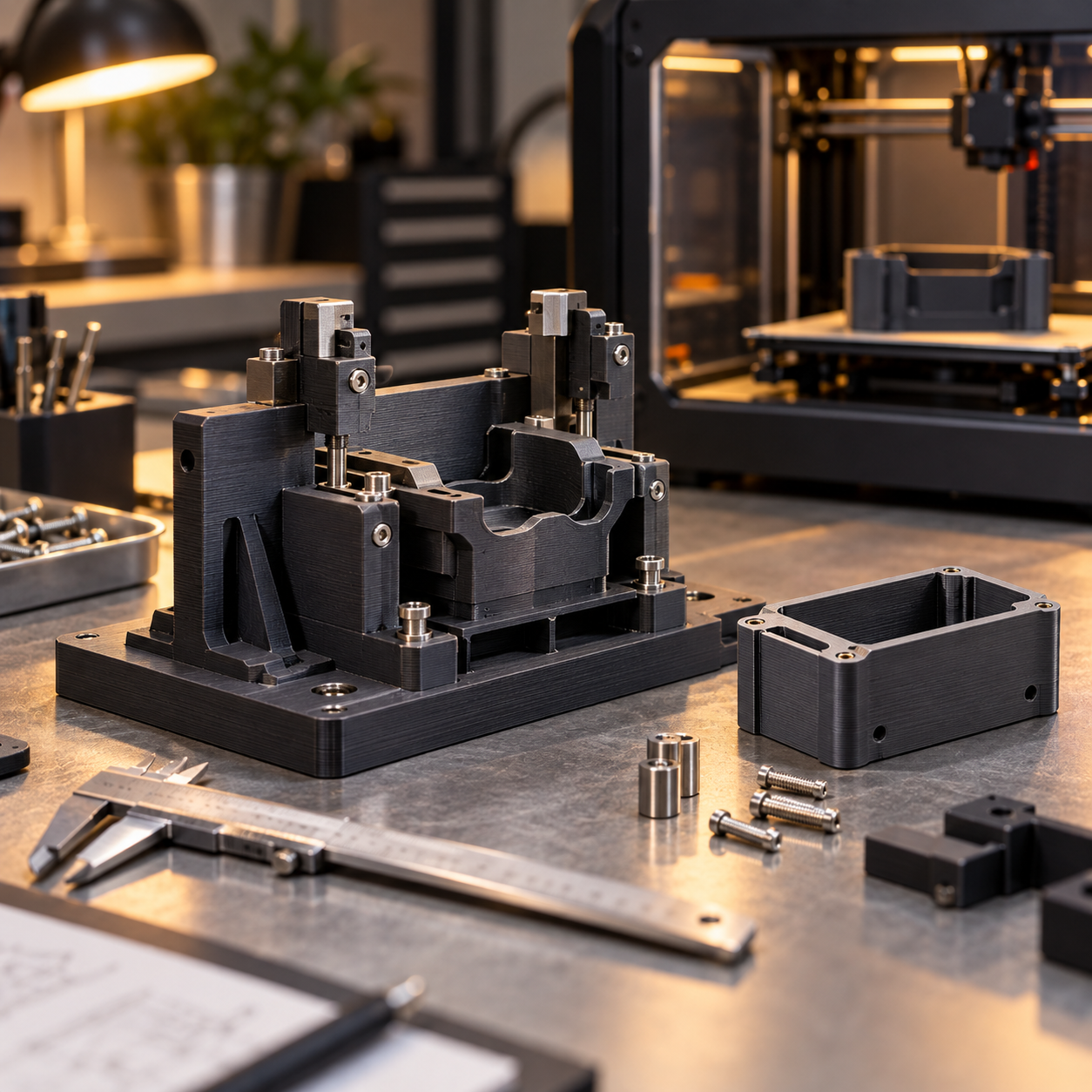 charcoal 3d printed fixture and prototype 1